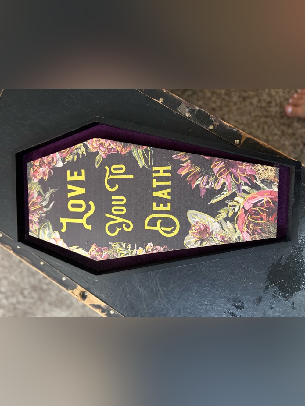 Ashland Black and Purple Floral "Love You to Death" Coffin Wall Decor